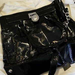 Michael Kors black patent leather Hamilton tote